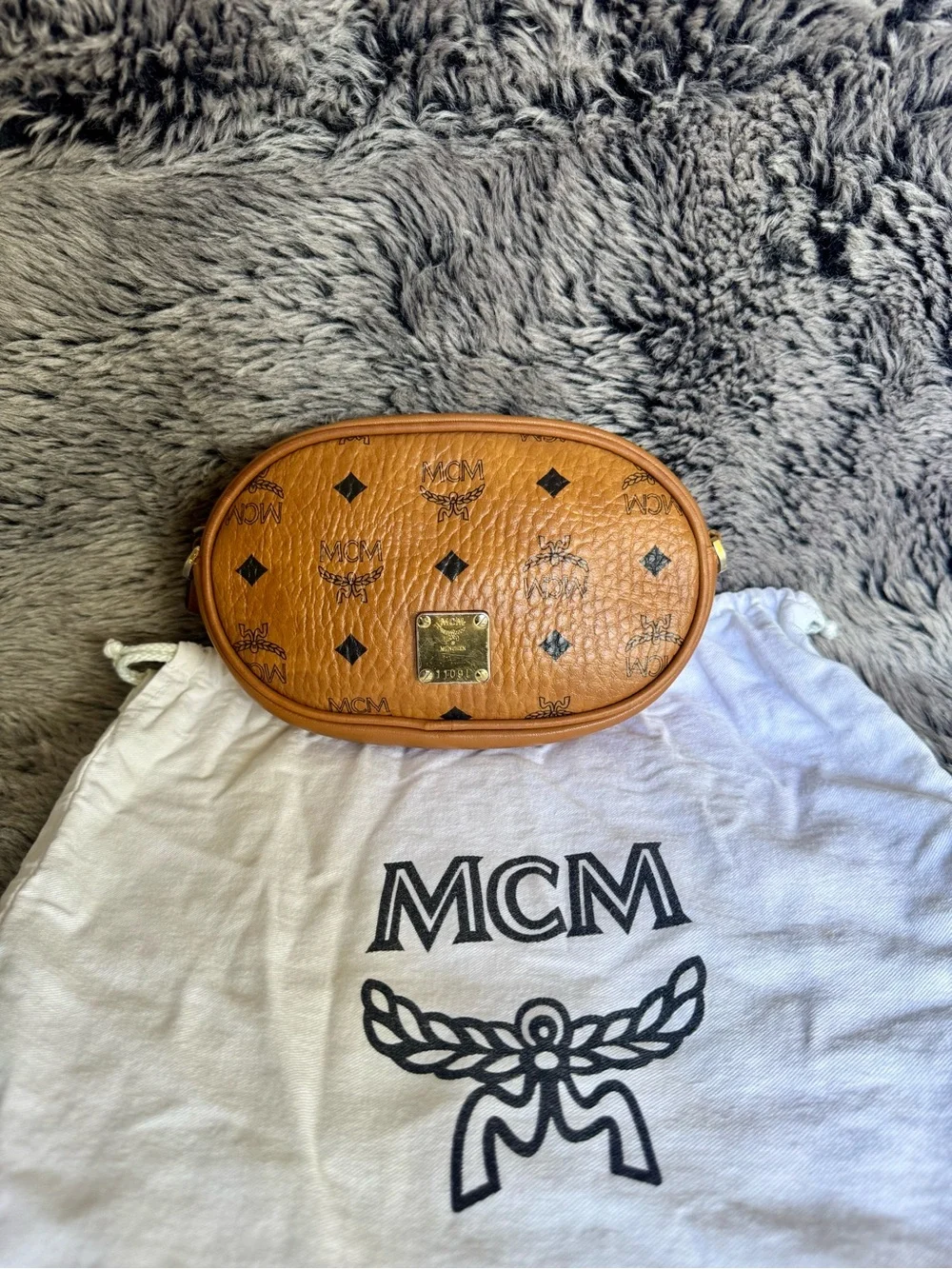 MCM Visetos Cognac Oval Crossbody Belt Bag w/ Dust Bag